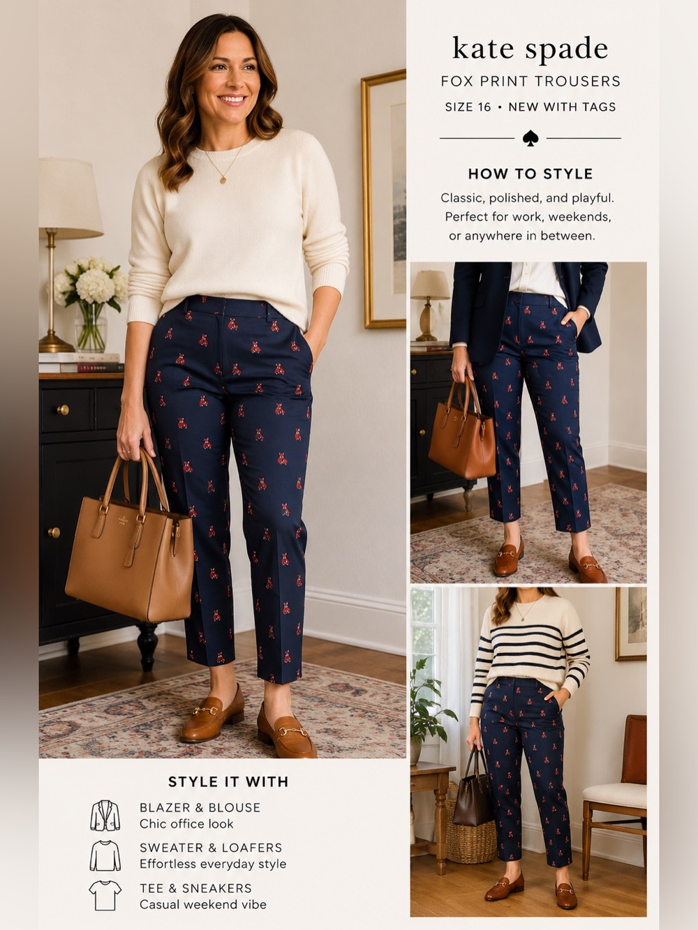 Kate Spade Navy Fox Print Ankle Pants Sz 16 NWT Novelty Print Cropped Trousers